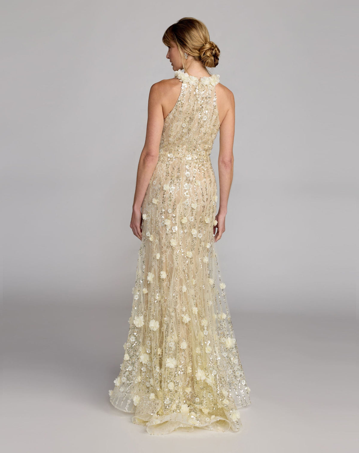 Mac Duggal Light Yellow Embellished Lace Halter Neck Mermaid Gown