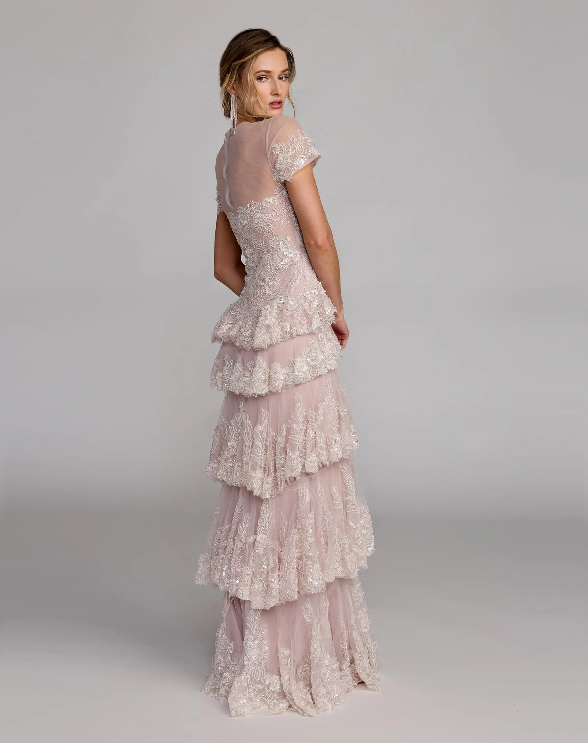 Mac Duggal Pink Embellished High Neck Gown With Tiered Ruffle Skirt