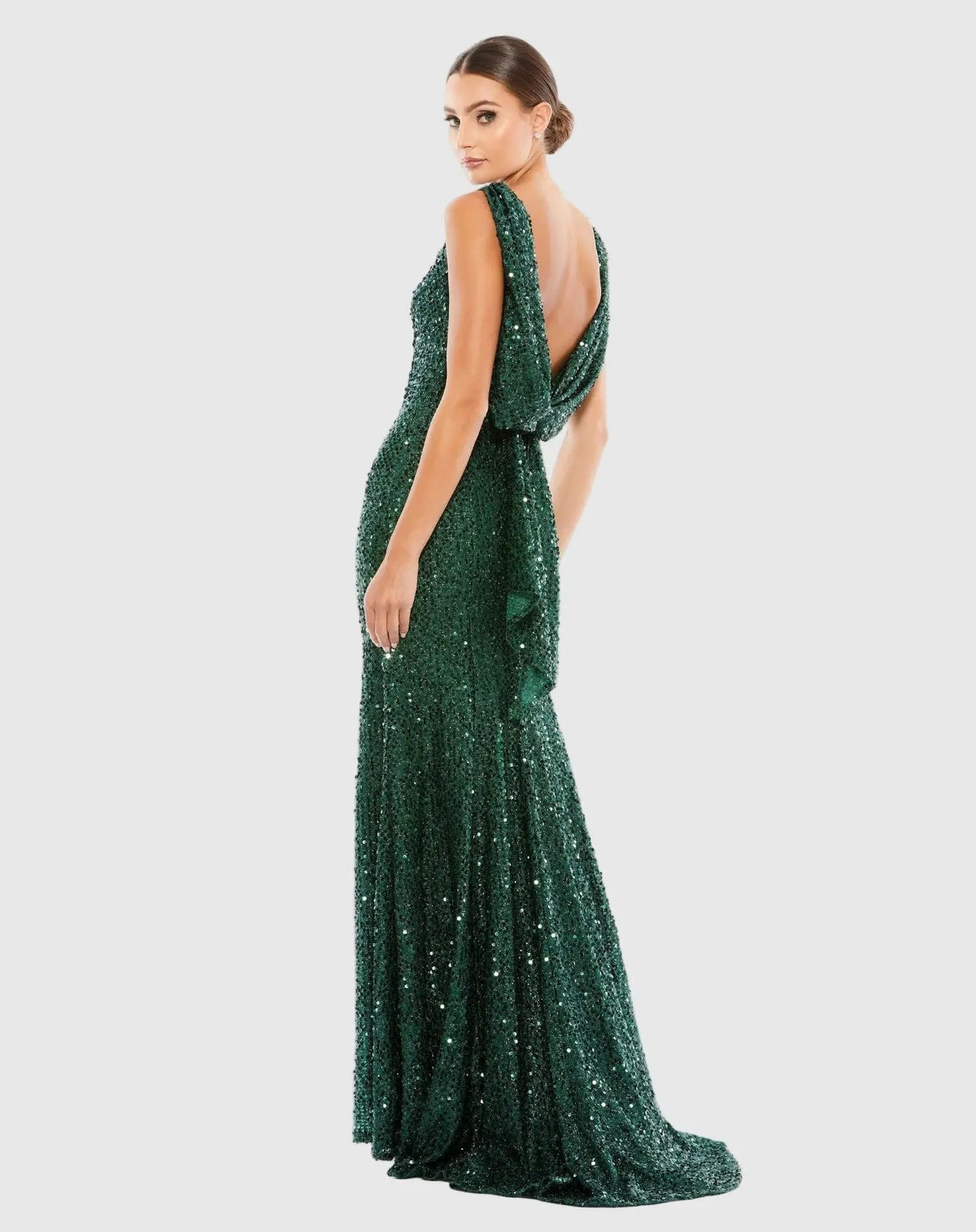 Mac Duggal Petite Emerald Green Sleeveless Cowl Back Sequin Evening Gown