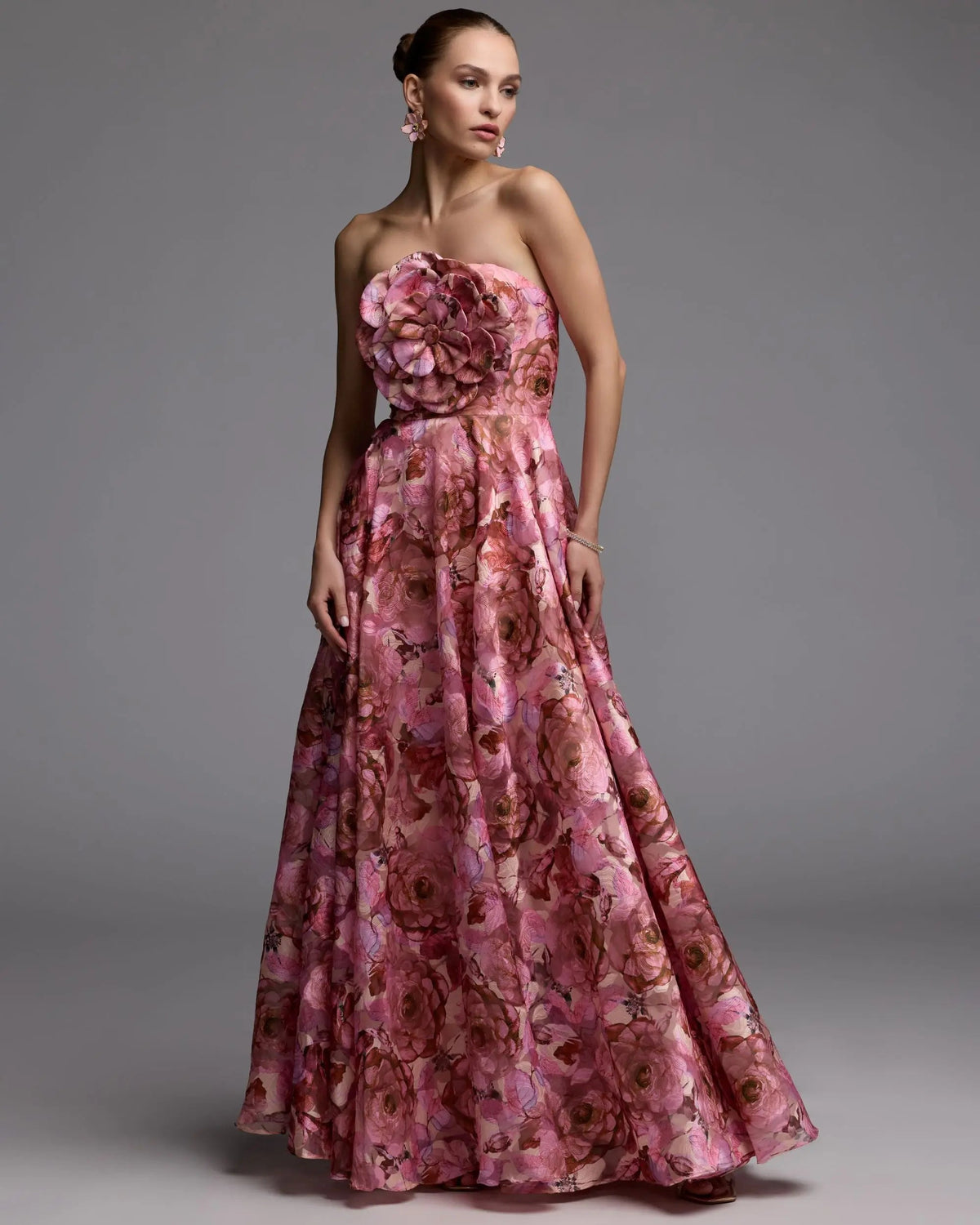 Mac Duggal Pink Strapless Floral Printed A-Line Gown With 3D Flower
