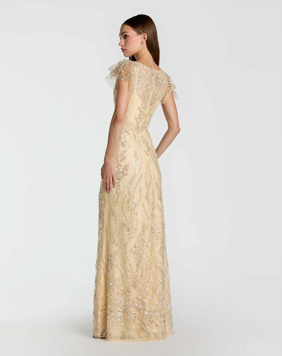 Mac Duggal Gold V Neck Flutter Sleeve Embroidered Lace Gown