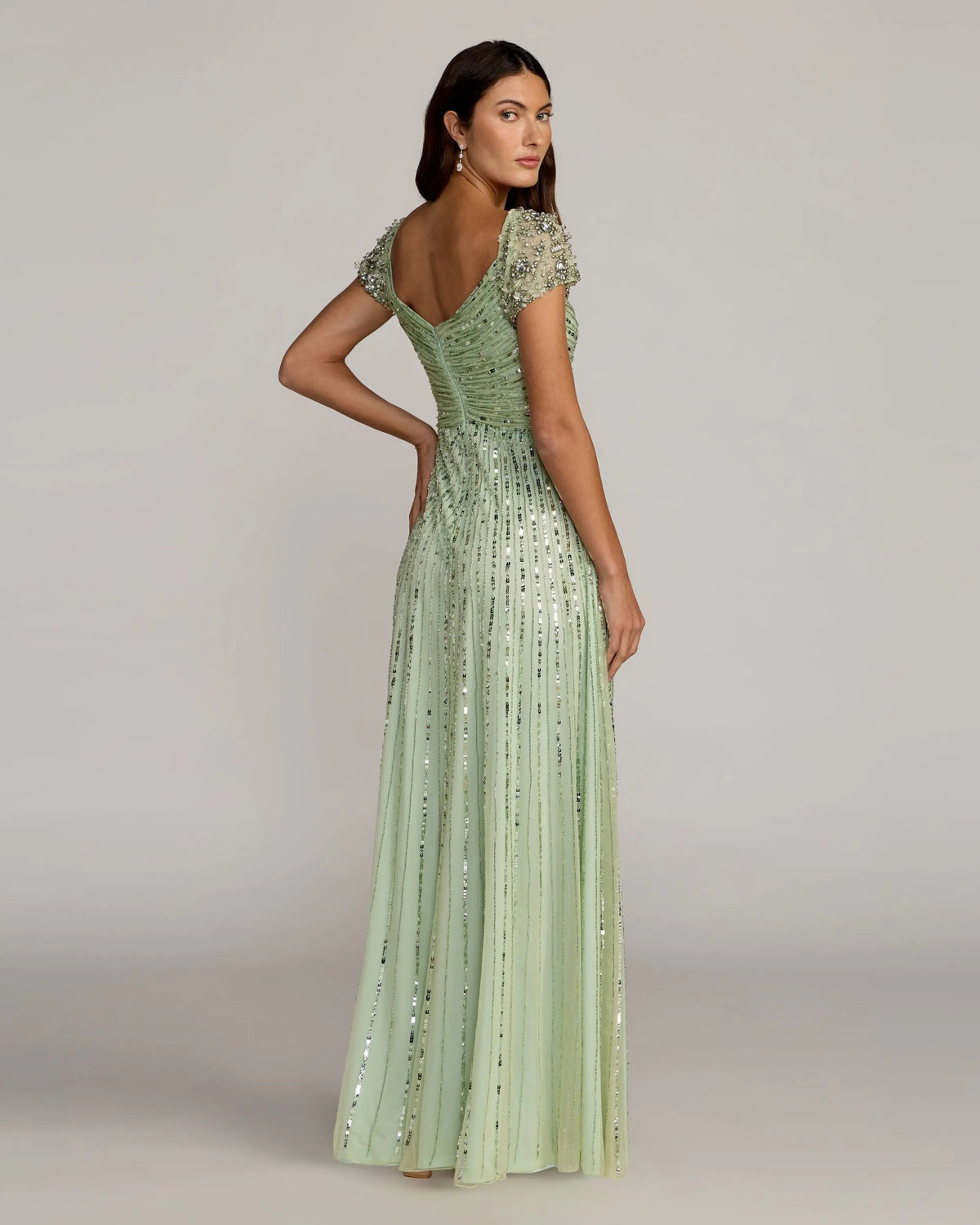 Mac Duggal Sage Green Embellished V-Neck Cap Sleeve Gown