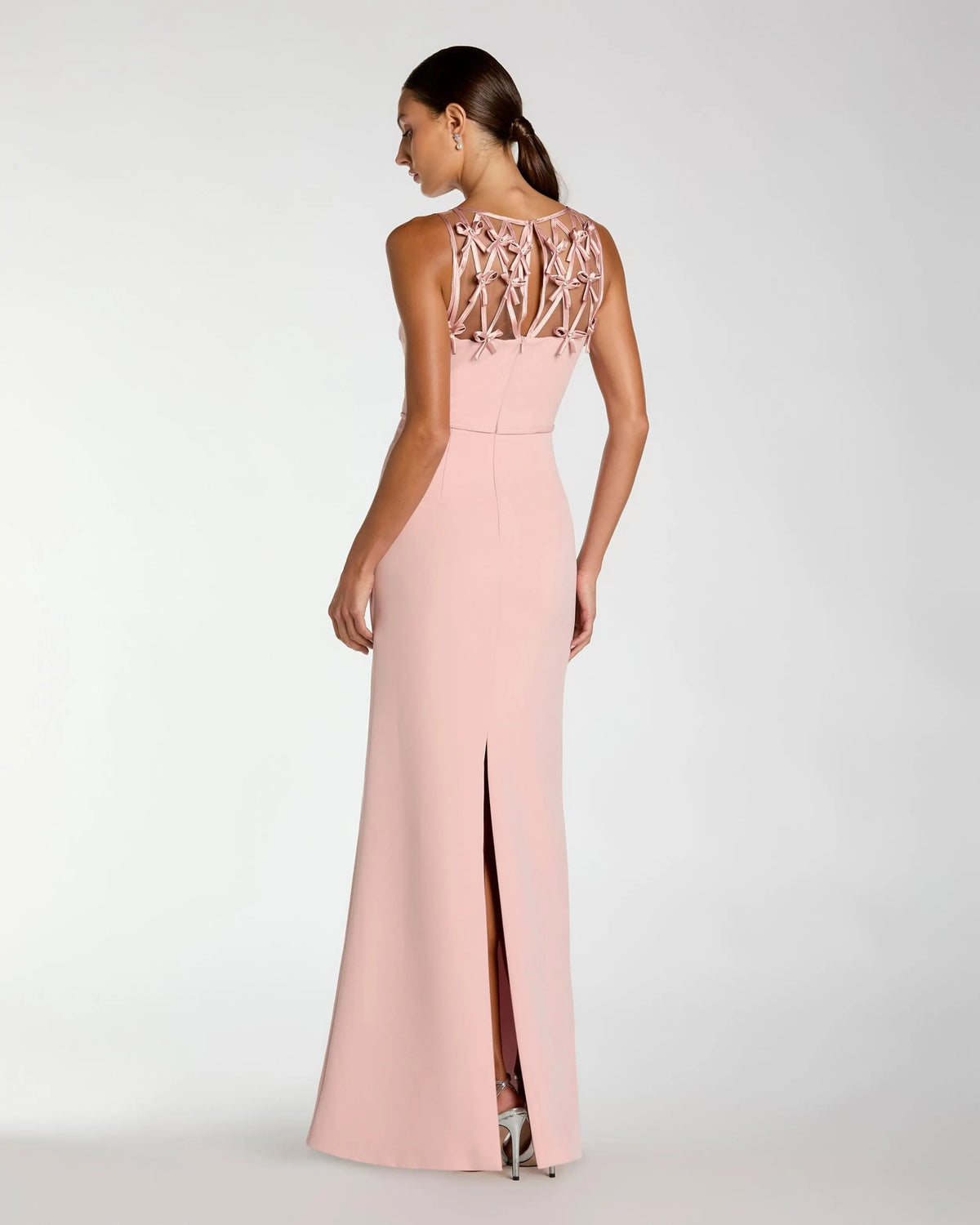 Mac Duggal Pink Sleeveless Crepe Gown With Embellished Bows