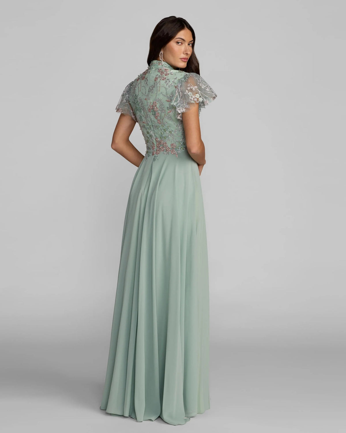 Mac Duggal Green Embroidered Flutter Sleeve V Neck Gown