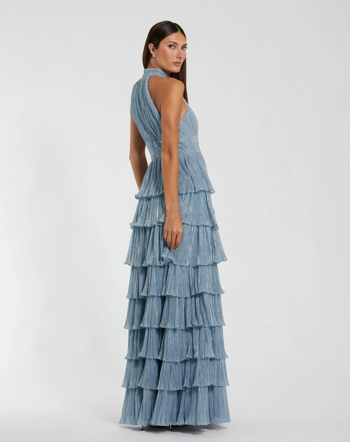 Mac Duggal Blue Metallic Halter Neck Ruffle Gown With 3D Flower