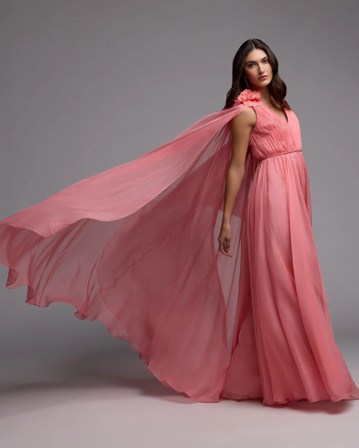 Mac Duggal Pink Chiffon V-Neck Gown With Cape Sleeves