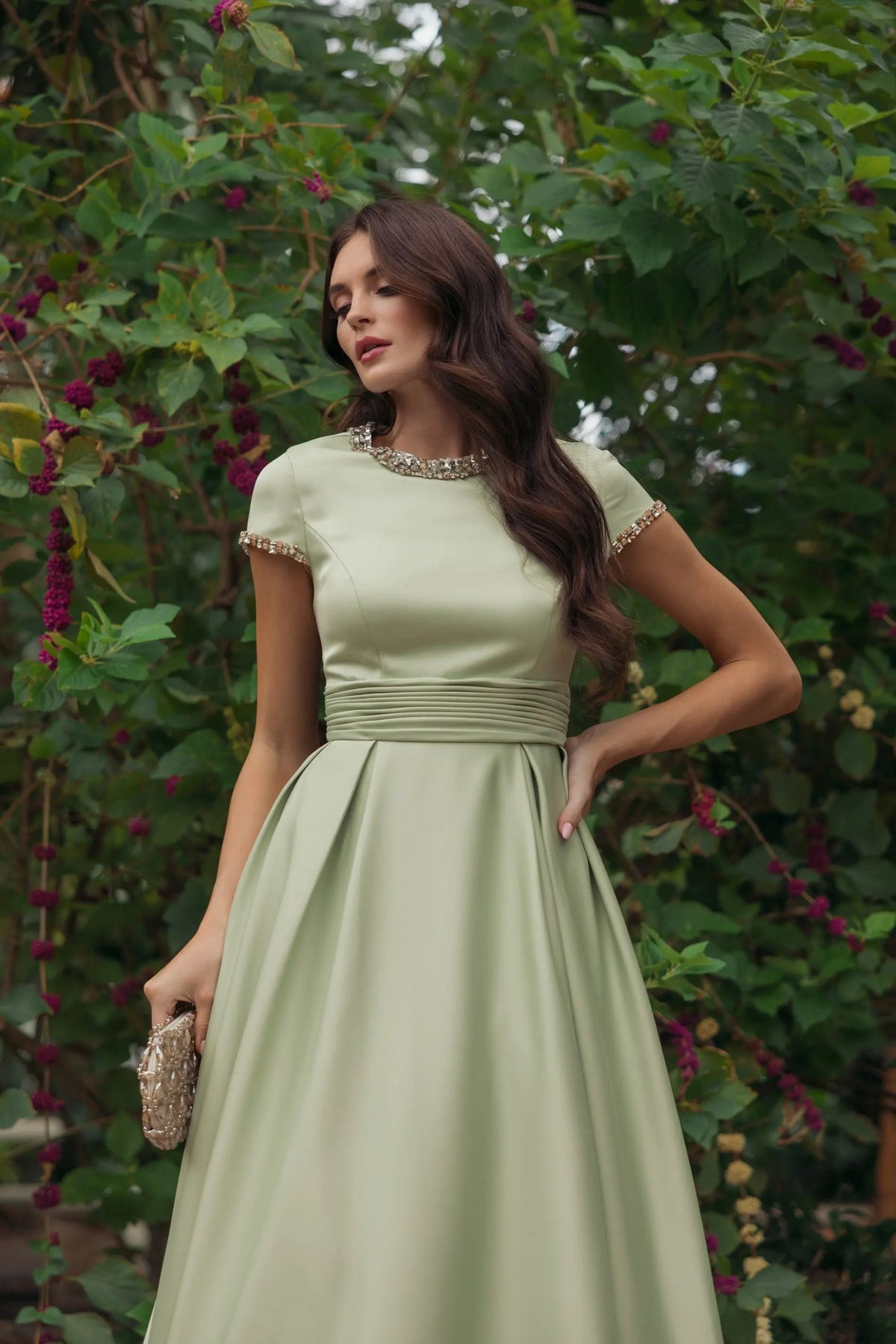 Mac Duggal Green Embellished Satin Cap Sleeve Ball Gown
