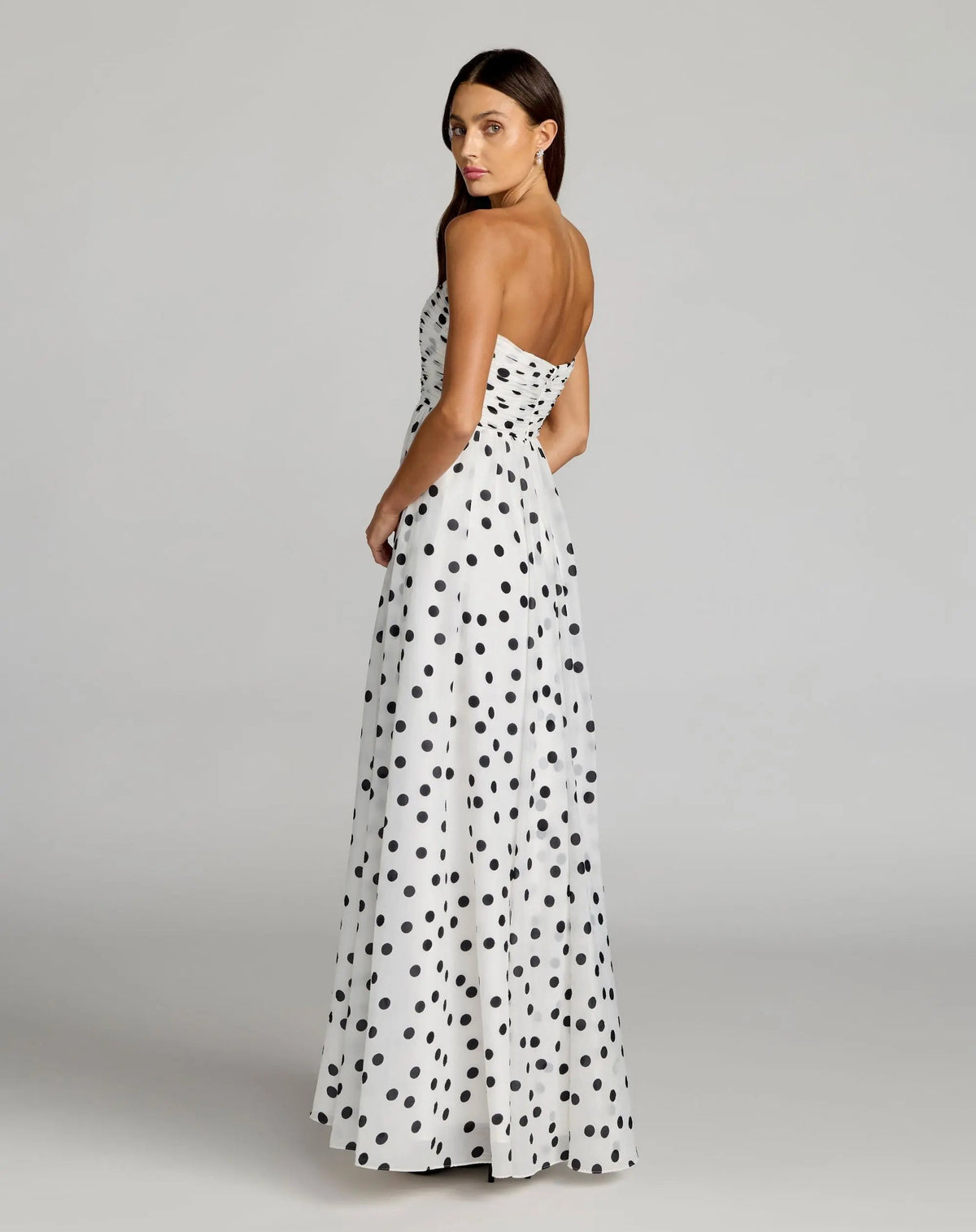 Mac Duggal White Polka Dot Strapless Viscose Gown With Slit