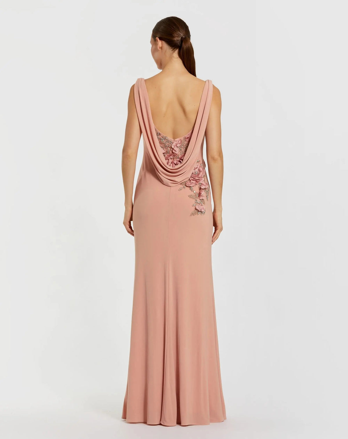 Mac Duggal Pink Sleeveless Jersey Cowl Neck Gown With Beading