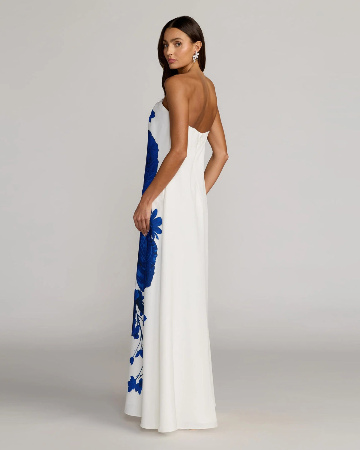 Mac Duggal White Floral Printed Strapless Crepe Trapeze Gown