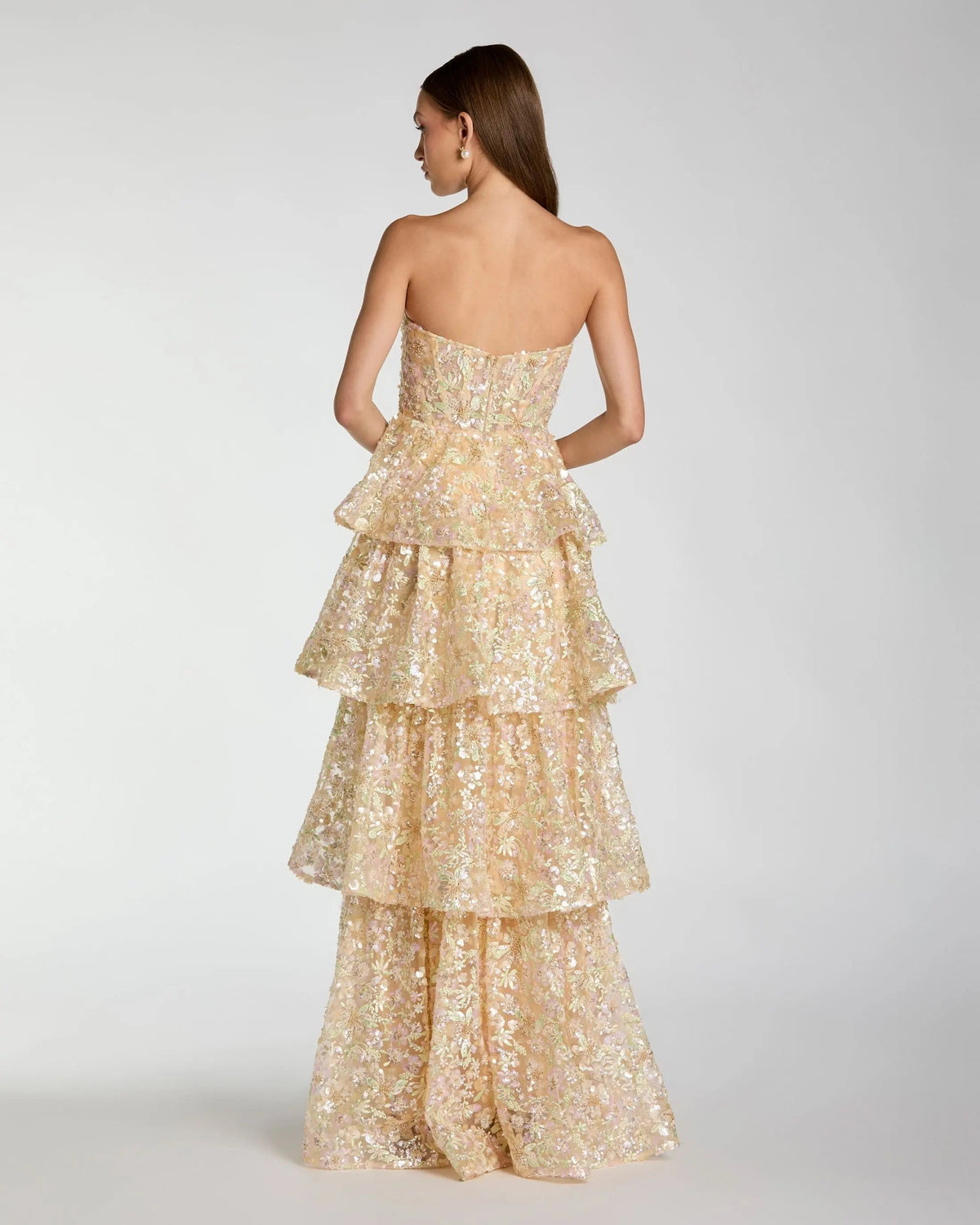 Mac Duggal Light Gold Embellished Strapless Sweetheart Ruffle Gown
