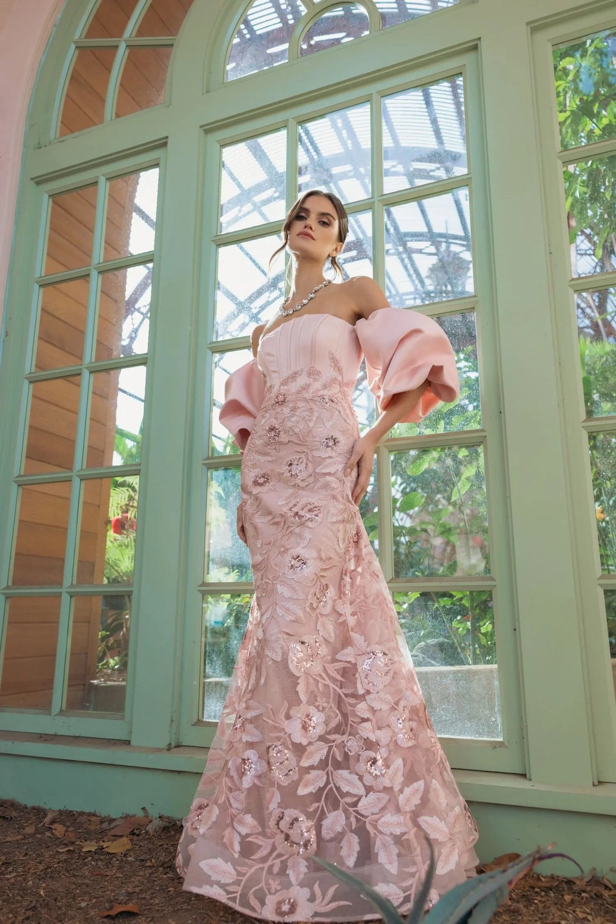 Mac Duggal Pink Satin Off The Shoulder Embroidered Mermaid Gown