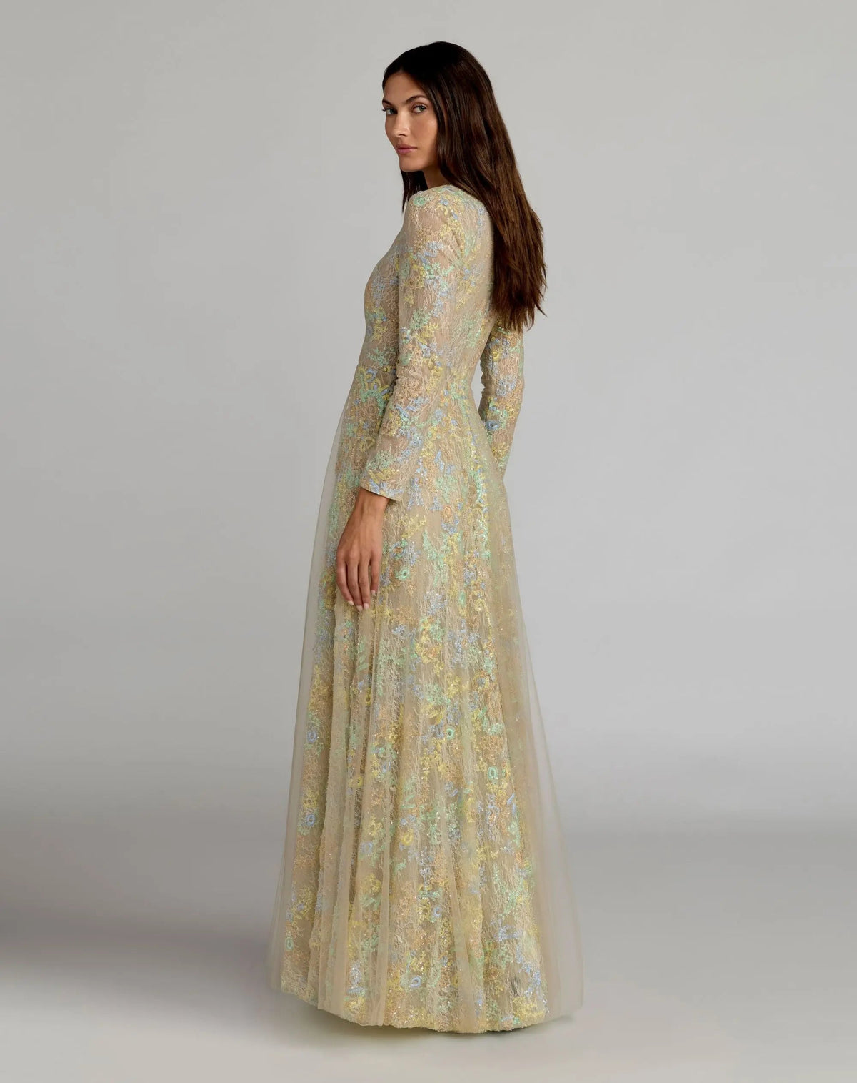 Mac Duggal Beige Long Sleeve Embellished Lace A-Line Gown