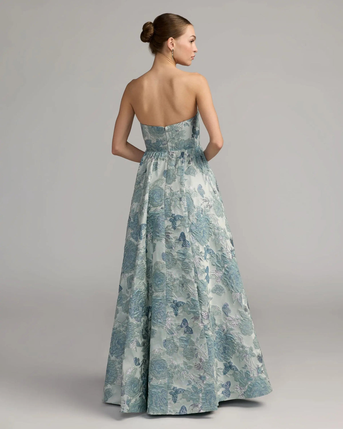 Mac Duggal Blue Strapless Floral Brocade Ball Gown With Bow Detail