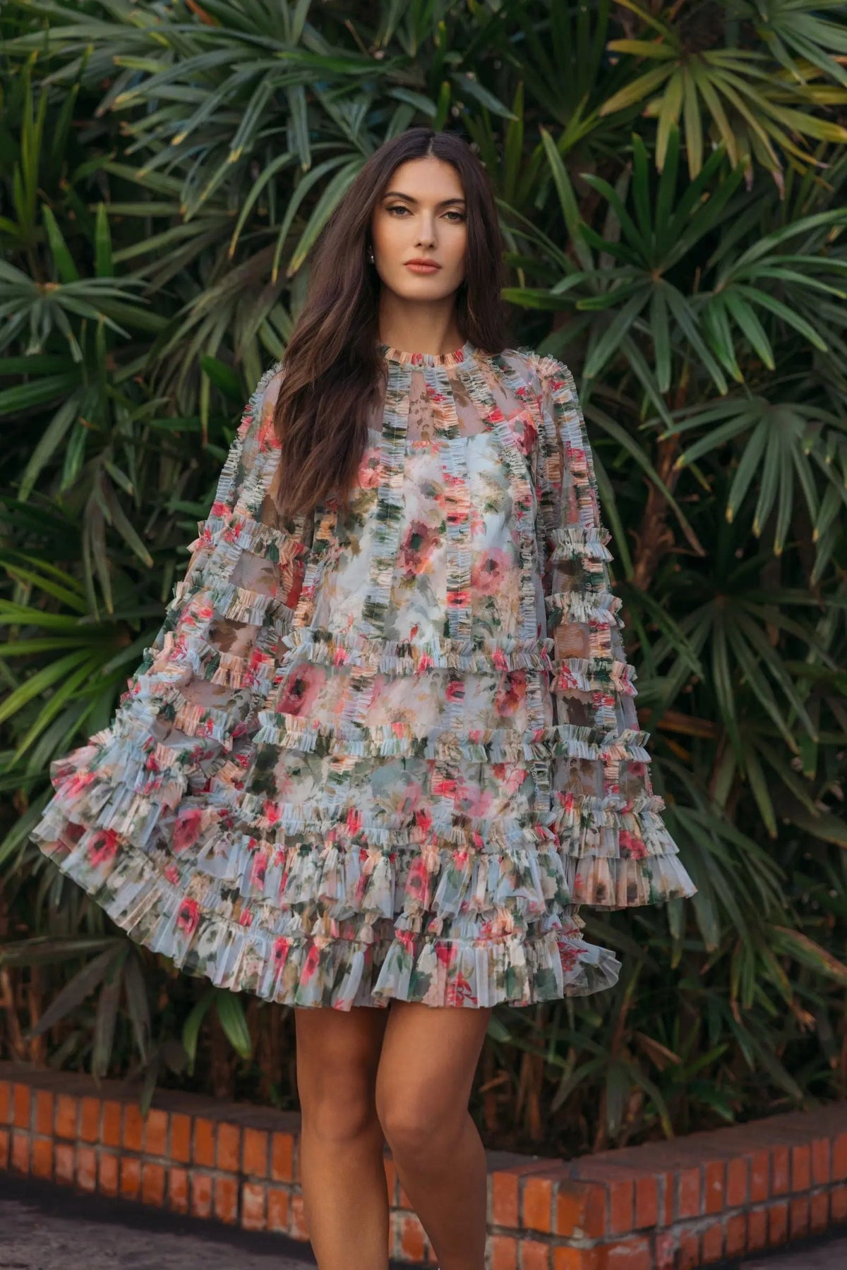 Mac Duggal Blue Printed Mesh Ruffle High Neck Mini Dress