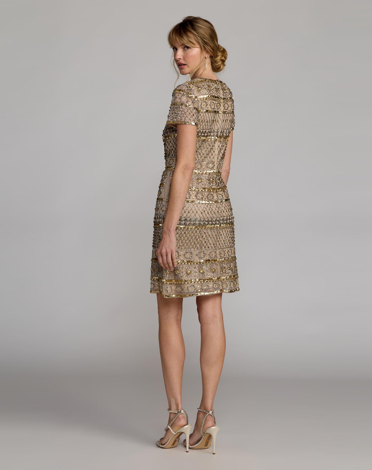 Mac Duggal Gold Short Sleeve Embellished Mini Dress