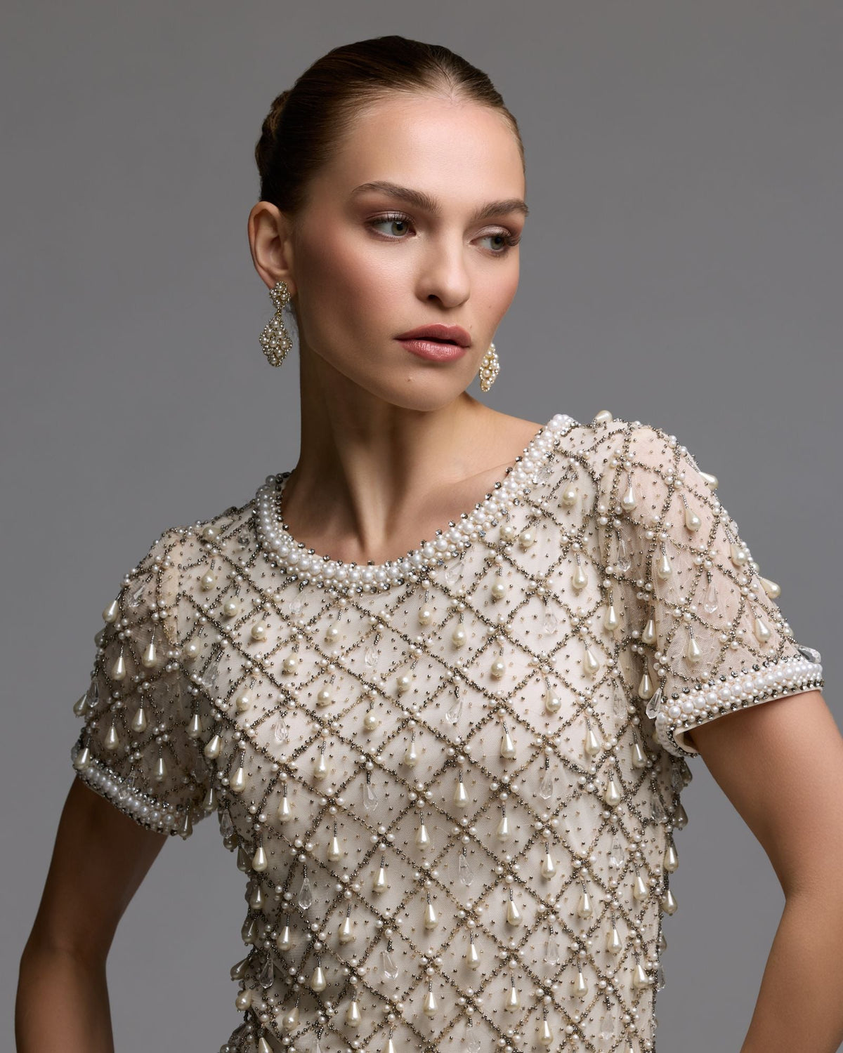Mac Duggal Ivory Short Sleeve Pearl Embellished Mini Dress