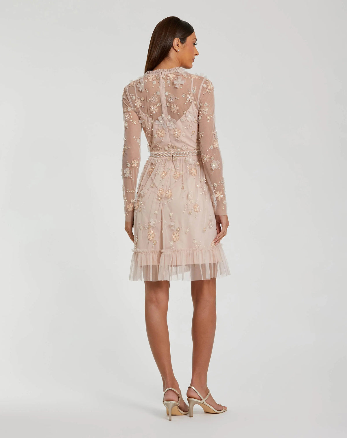 Mac Duggal Light Pink Sheer Long Sleeve Embellished Mini Dress