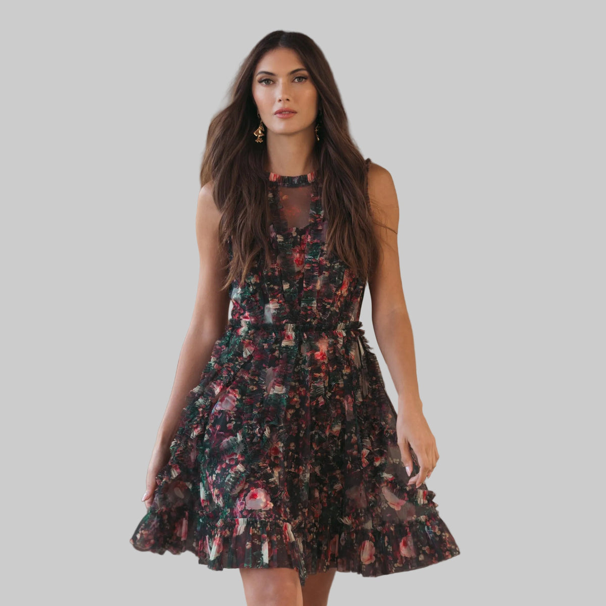 Mac Duggal Black Multicolor Micro Ruffle Floral A-Line Mini Dress