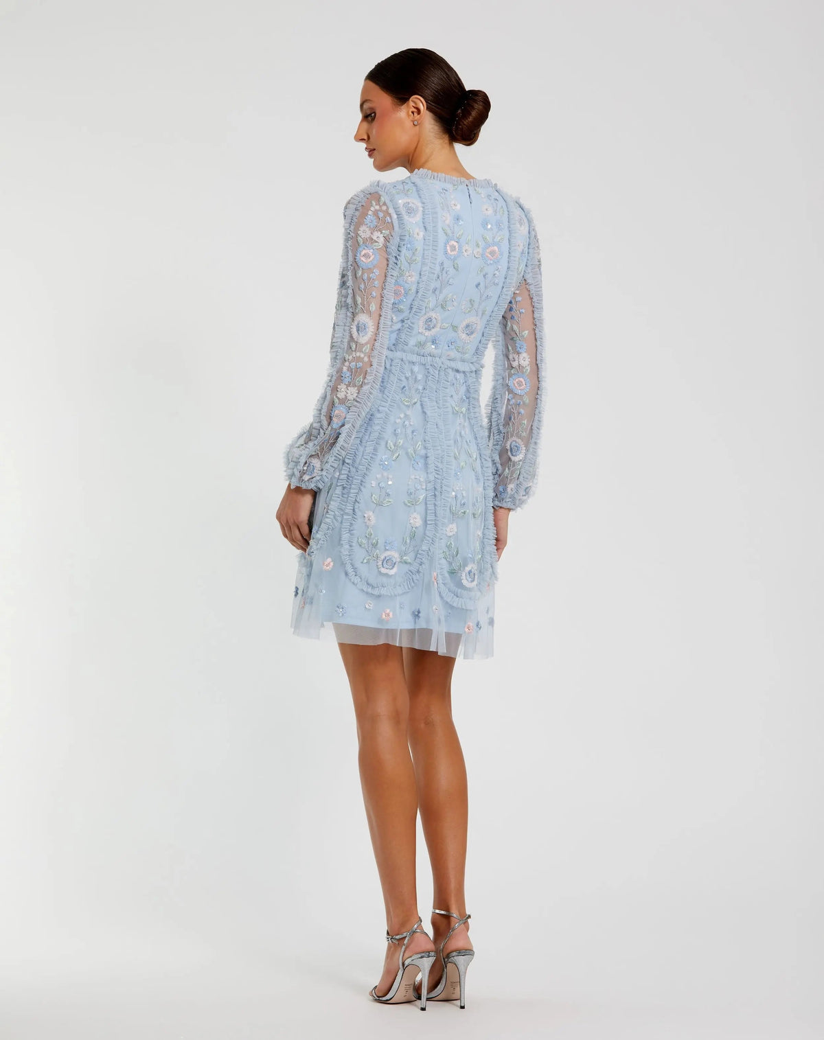 Mac Duggal Blue Floral Long Sleeve Micro Ruffle Mini Dress