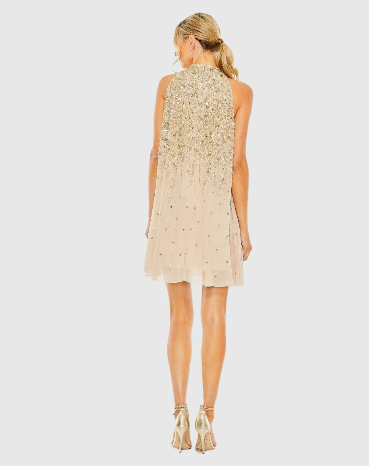 Mac Duggal Beige High Neck Sleeveless Sequin Embellished Trapeze Dress