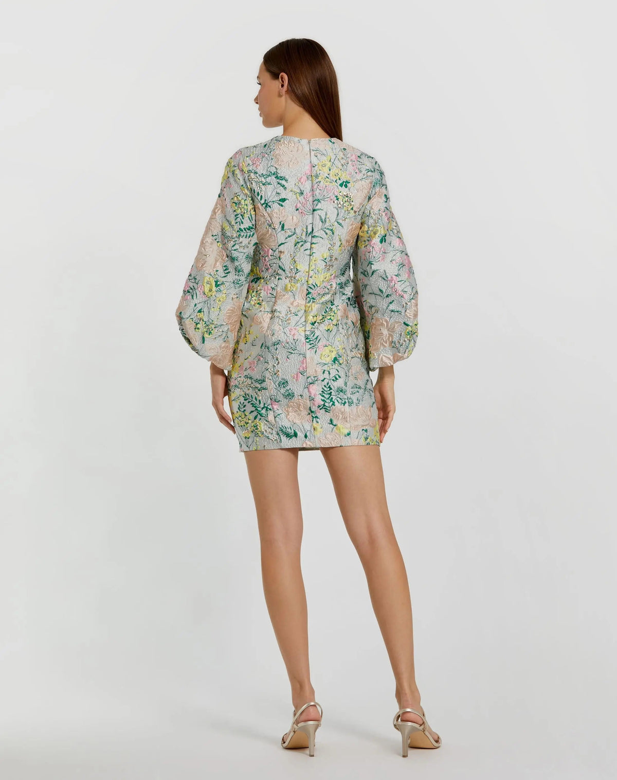 Mac Duggal Multicolor Floral Brocade Puff Sleeve Fitted Mini Dress