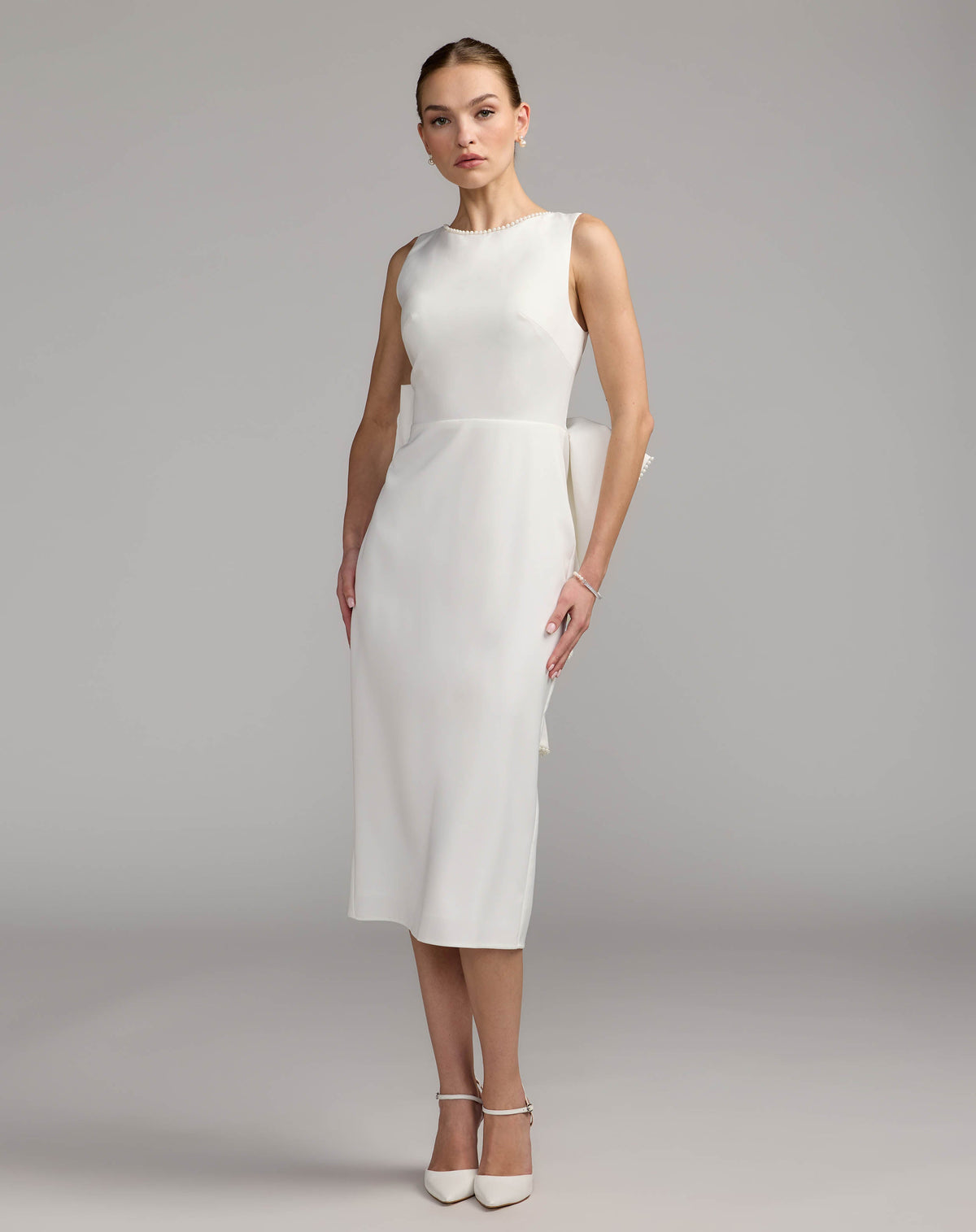 Mac Duggal White Pearl Trim Bow Back Midi Dress