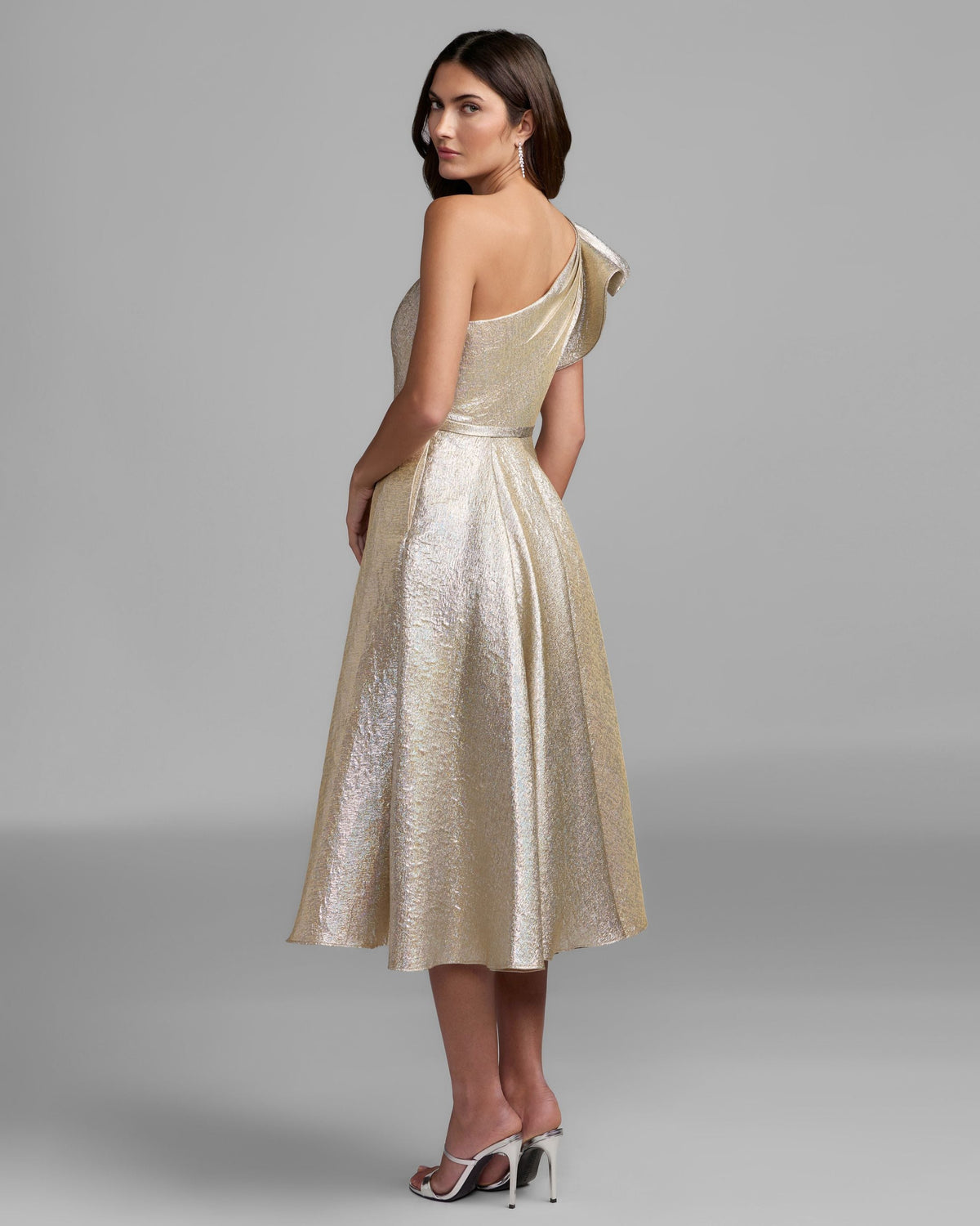Mac Duggal Light Gold Metallic Ruffle One Shoulder Midi Dress