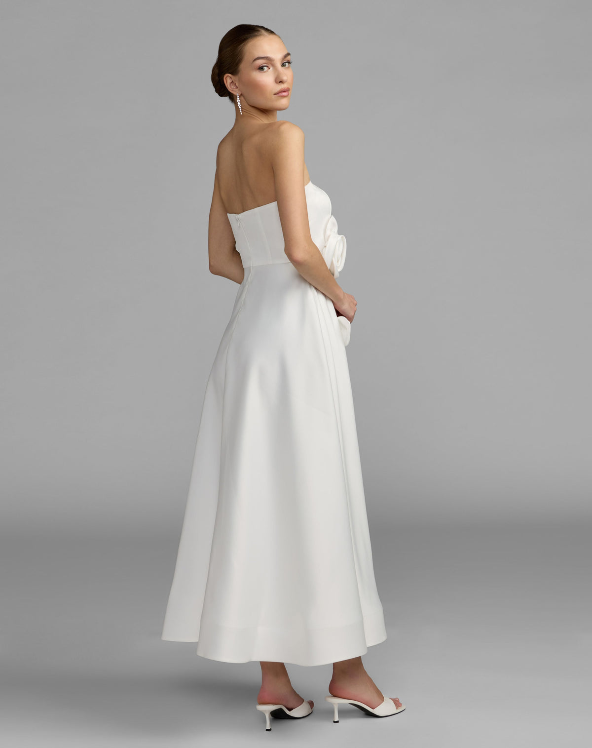 Mac Duggal White Strapless Satin A-Line Dress With 3D Flowers