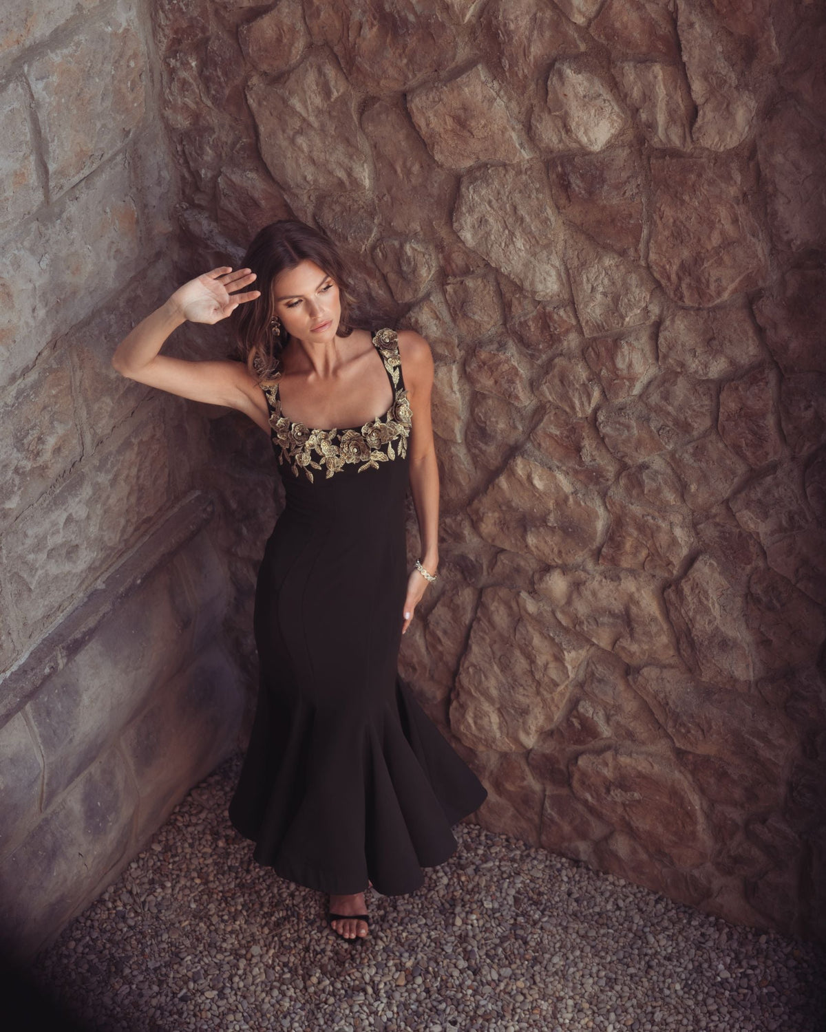 Mac Duggal Black 3D Floral Trumpet Midi Dress