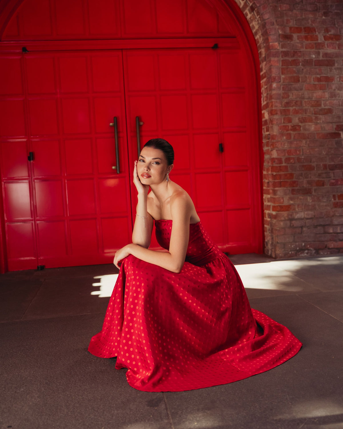 Mac Duggal Red Strapless Polka Dot Brocade Midi Dress