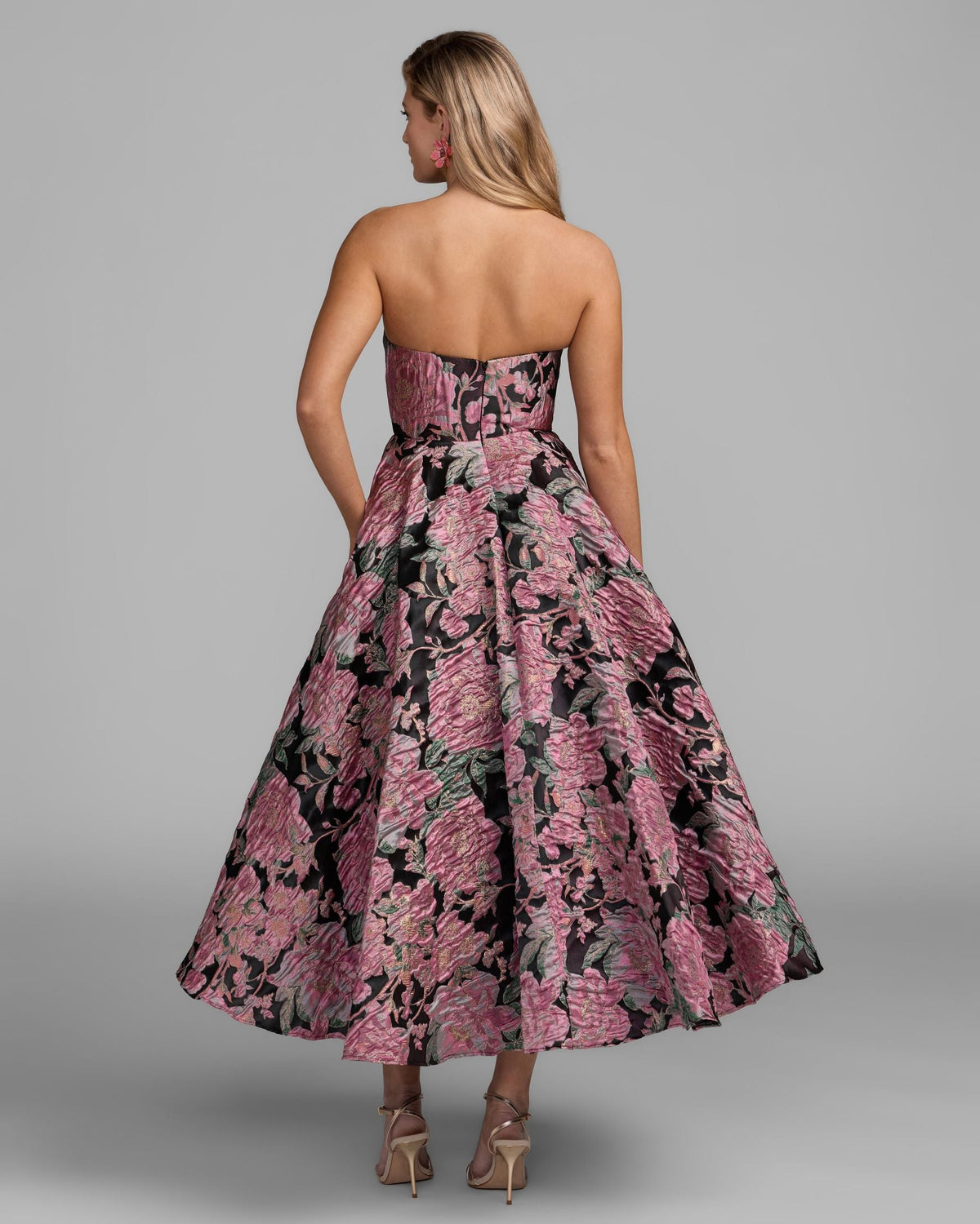 Mac Duggal Pink And Black Strapless Brocade Midi Dress With Pockets