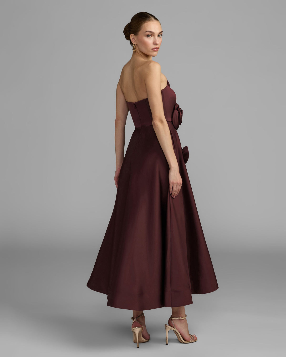 Mac Duggal Burgundy Strapless Satin A-Line Dress With 3D Flowers Duggal