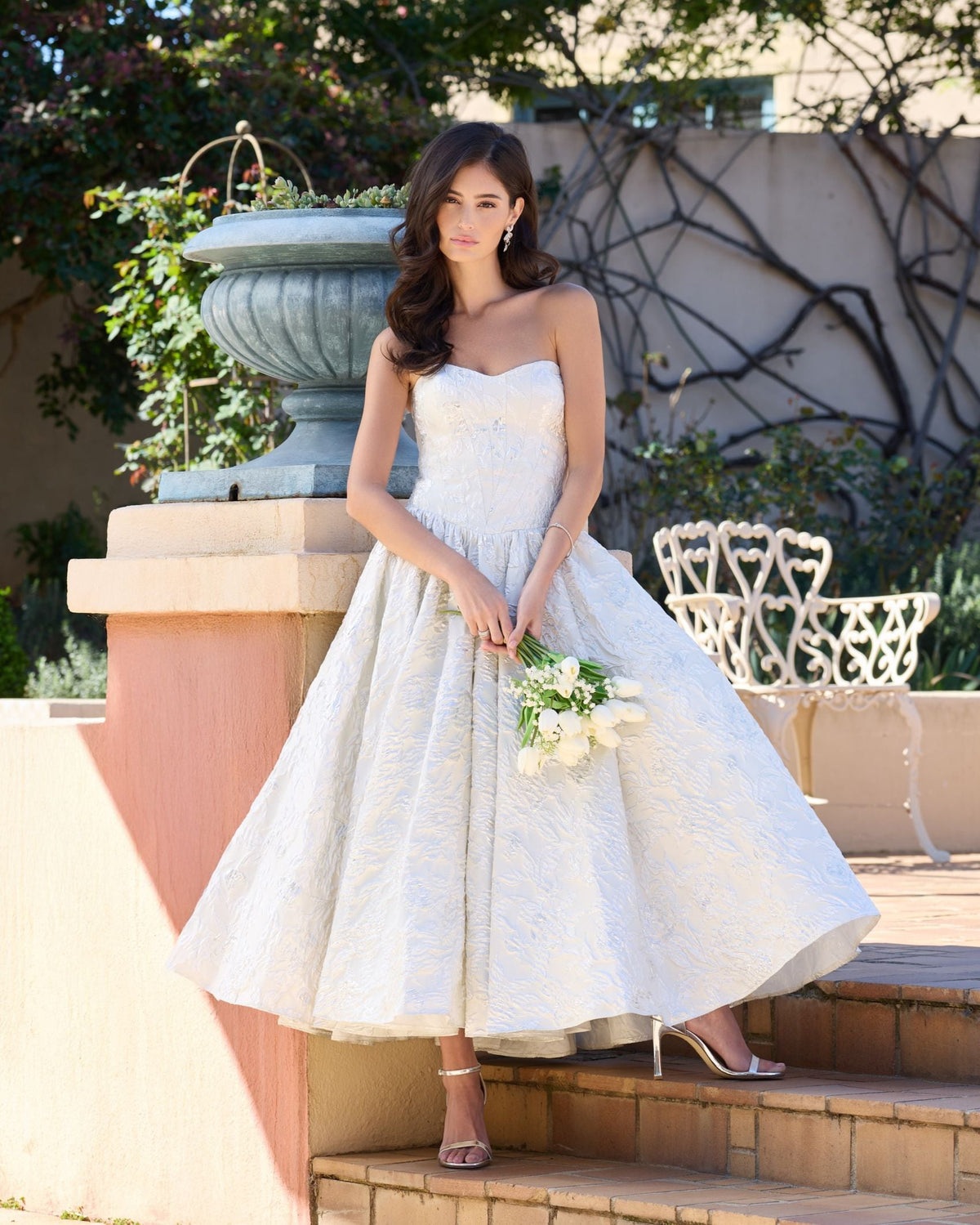 Mac Duggal Ivory Strapless Brocade Tea Length Dress