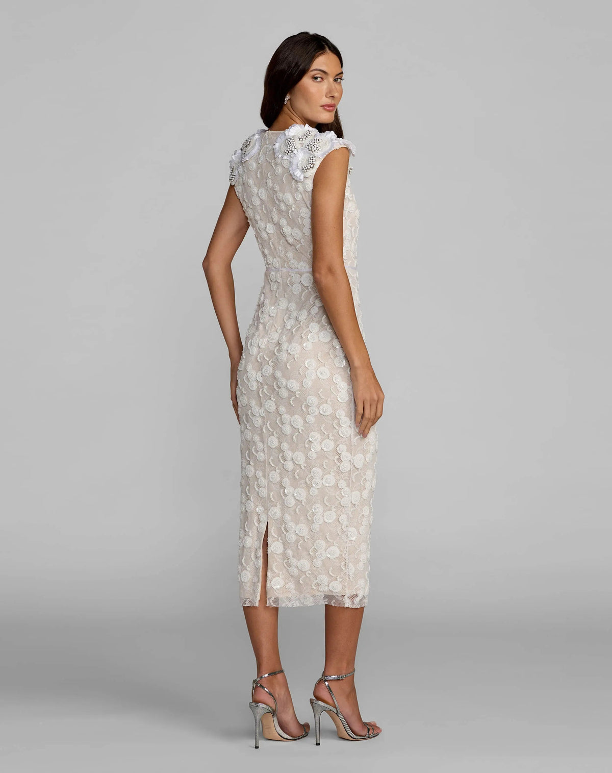 Mac Duggal White Lace Midi Dress With 3D Floral Appliqués