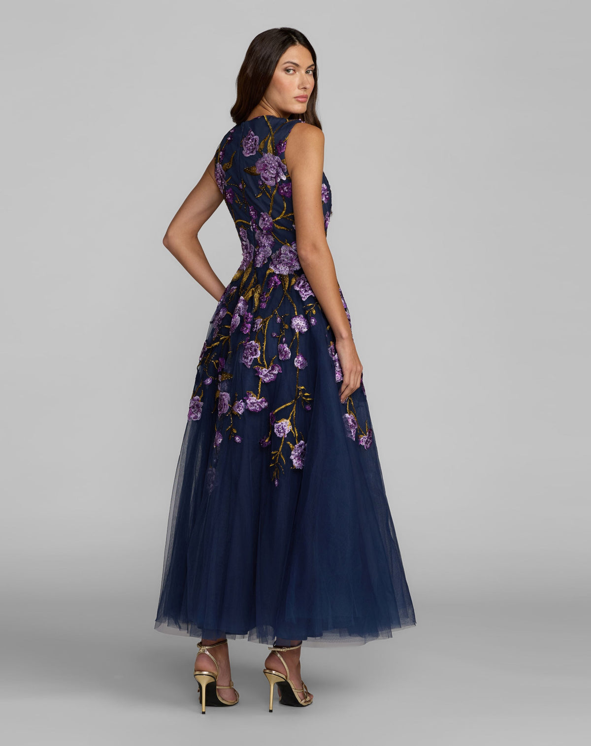 Mac Duggal Navy Embroidered Sleeveless A-Line Midi Dress
