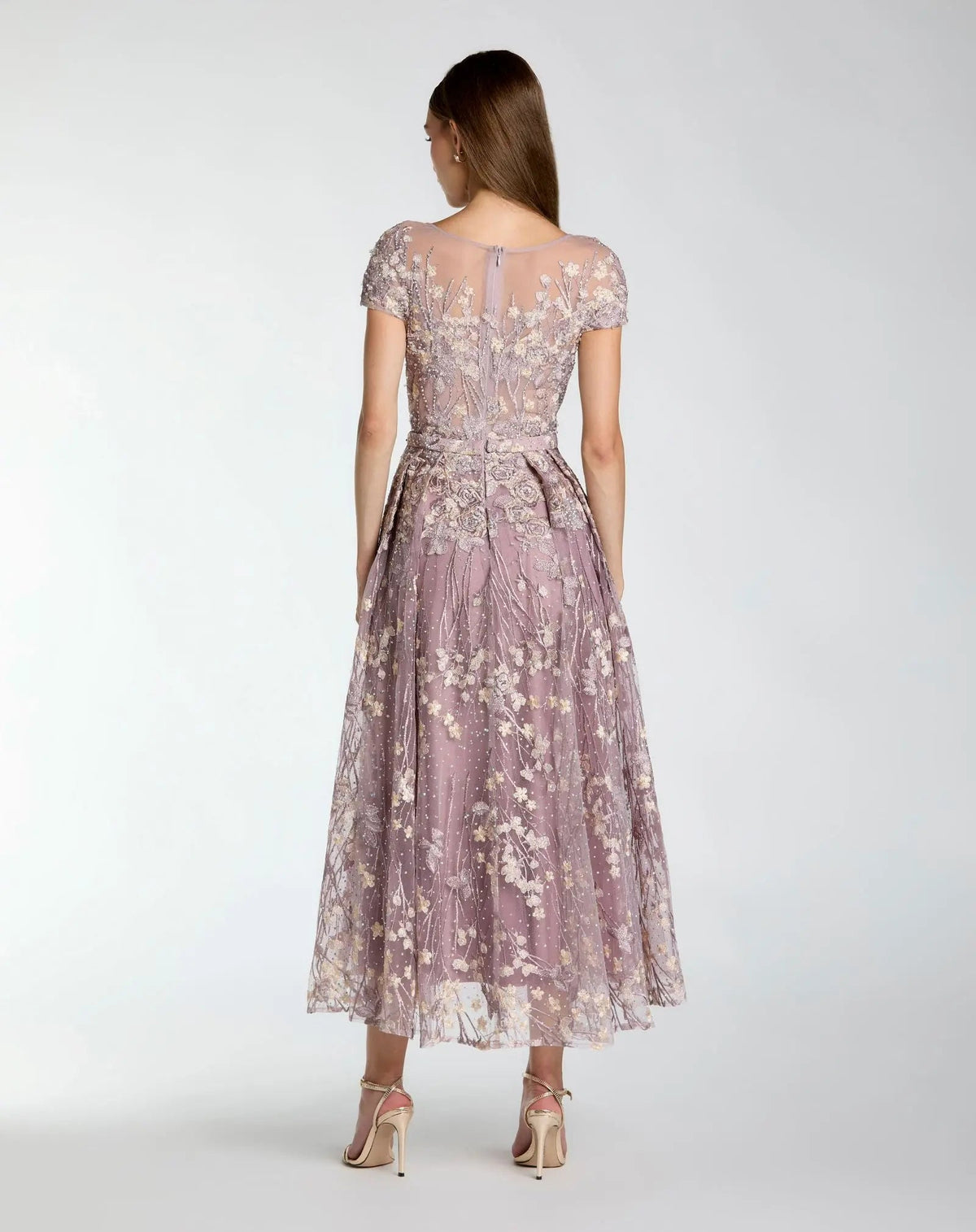 Mac Duggal Purple Embroidered Cap Sleeve High Neck Midi Dress