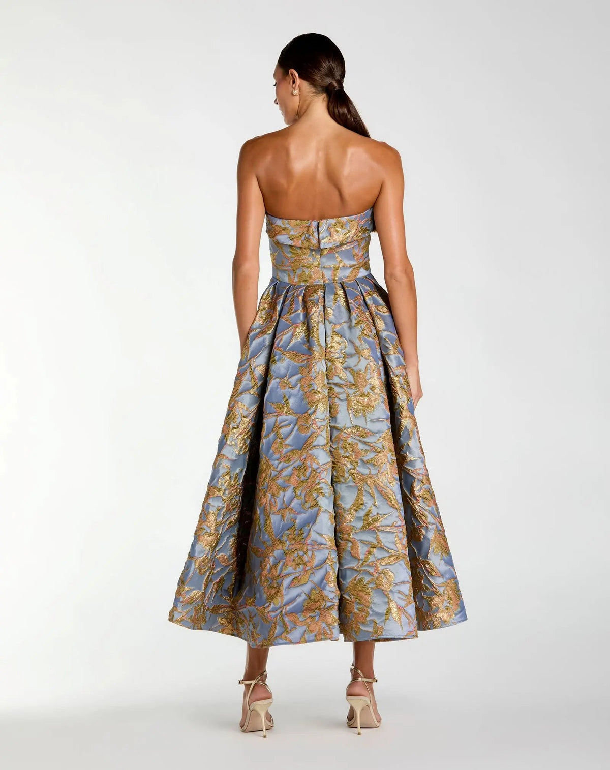 Mac Duggal Blue Strapless Brocade Midi Dress With Pockets
