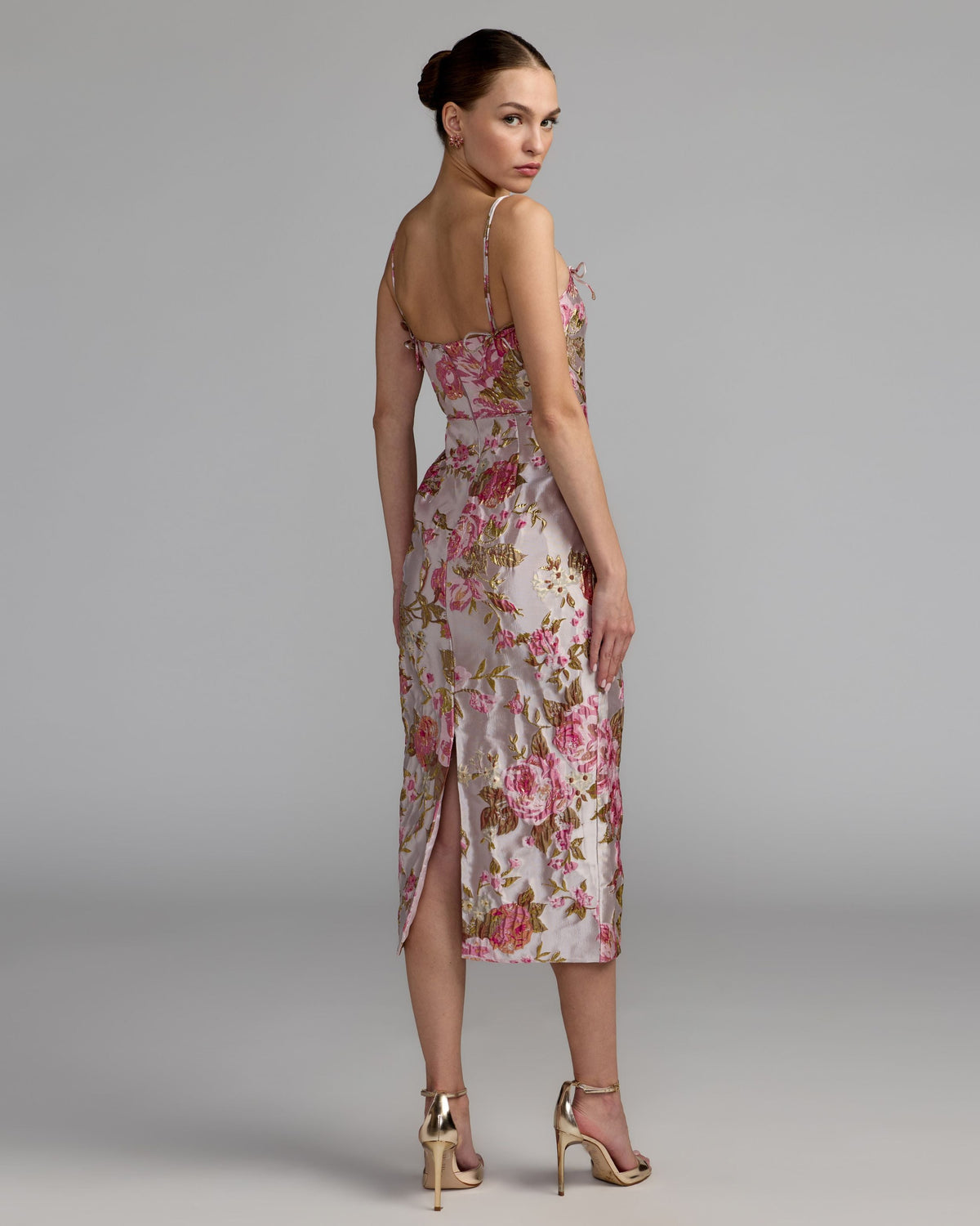 Mac Duggal Pink Brocade Bow Strap Midi Dress