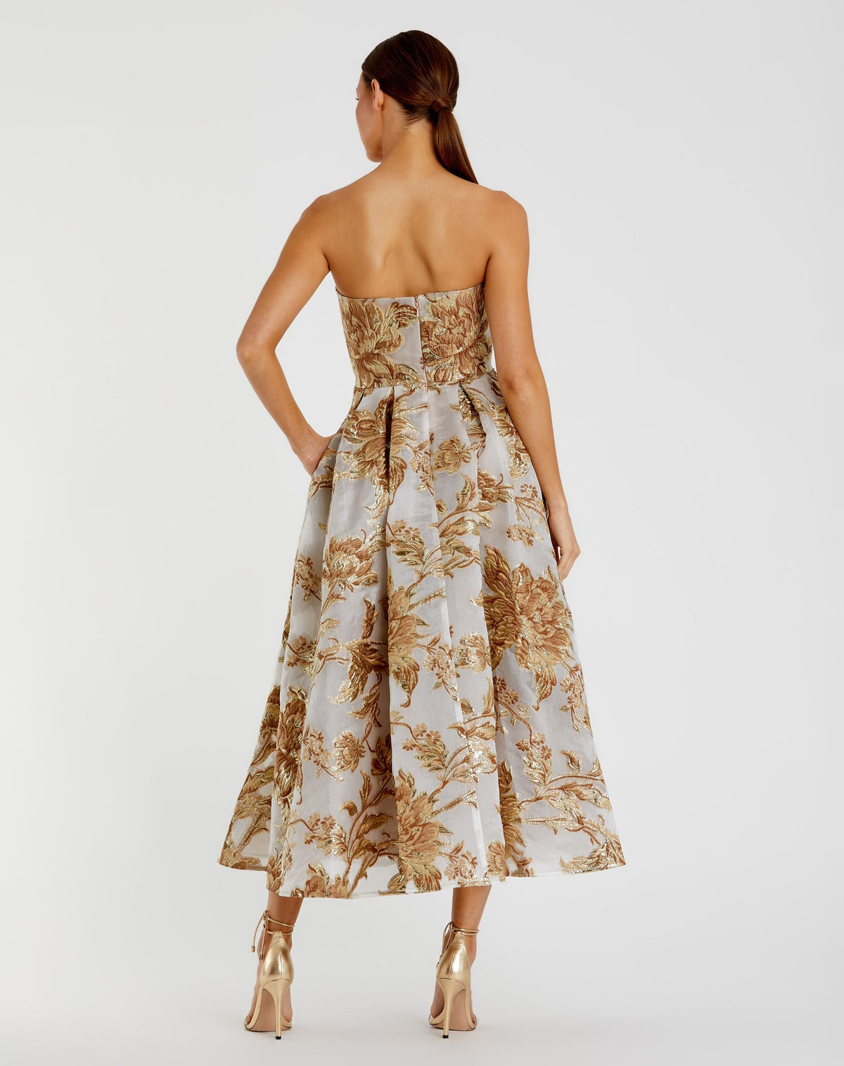 Mac Duggal Petite Gold Strapless Brocade Midi Dress with Pockets