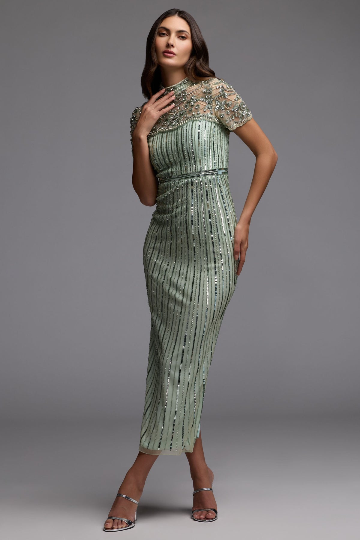 Mac Duggal Green Beaded Mock Neck Midi Dress