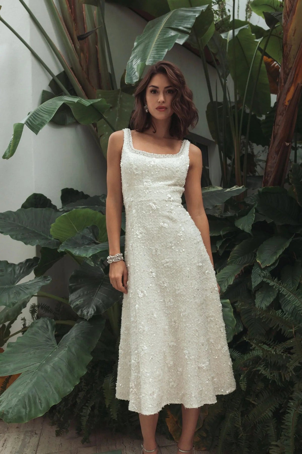 Mac Duggal Ivory Embellished Boucle Sleeveless A-Line Midi Dress