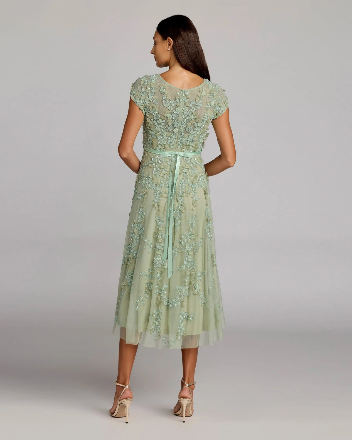 Mac Duggal Green Floral Embellished Cap Sleeve Midi Dress