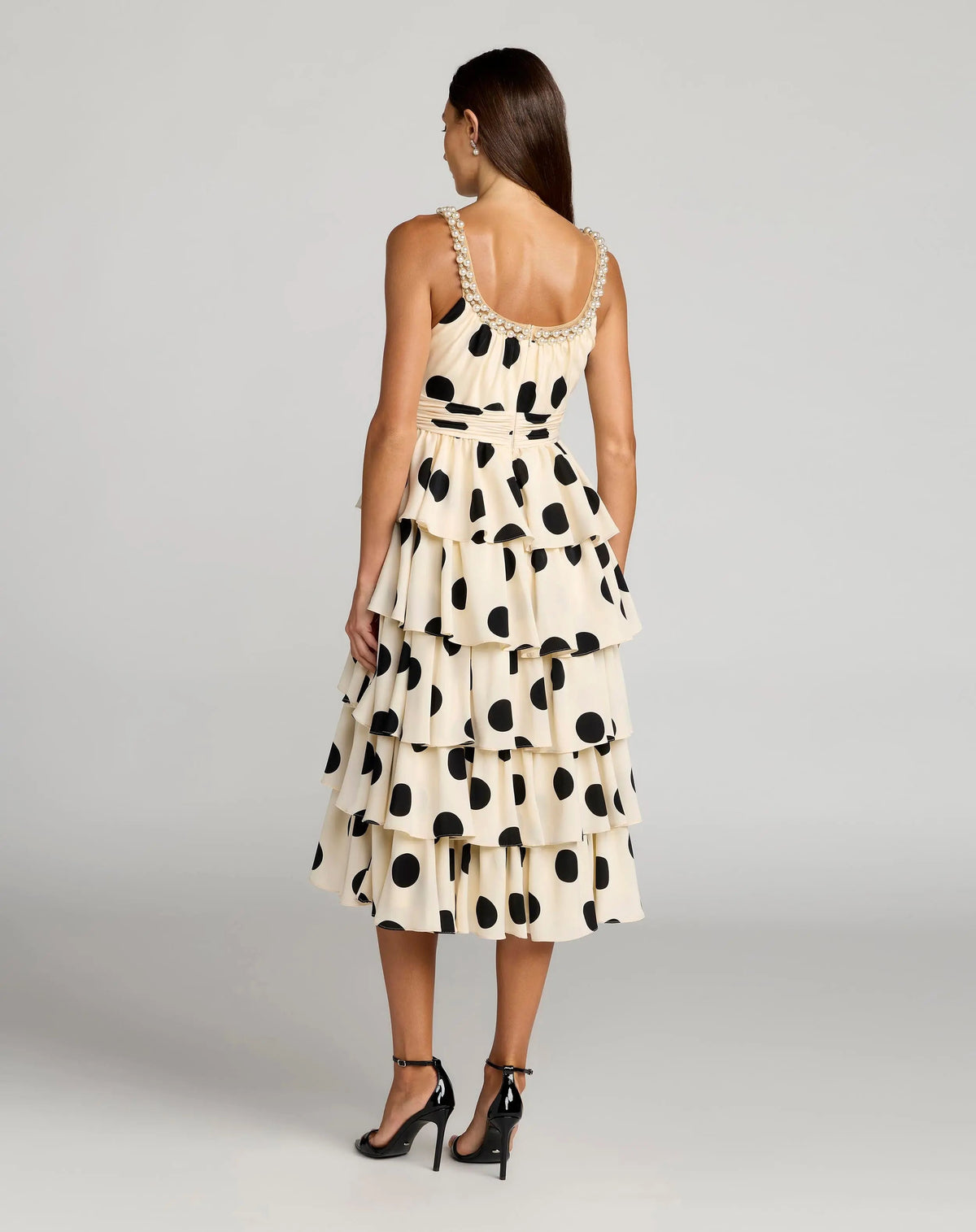 Mac Duggal Beige Pearl Embellished Polka Dot Midi Dress