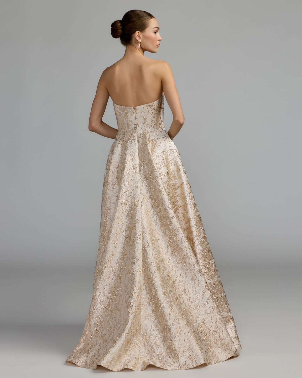 Mac Duggal Champagne Gold Metallic Brocade Ball Gown