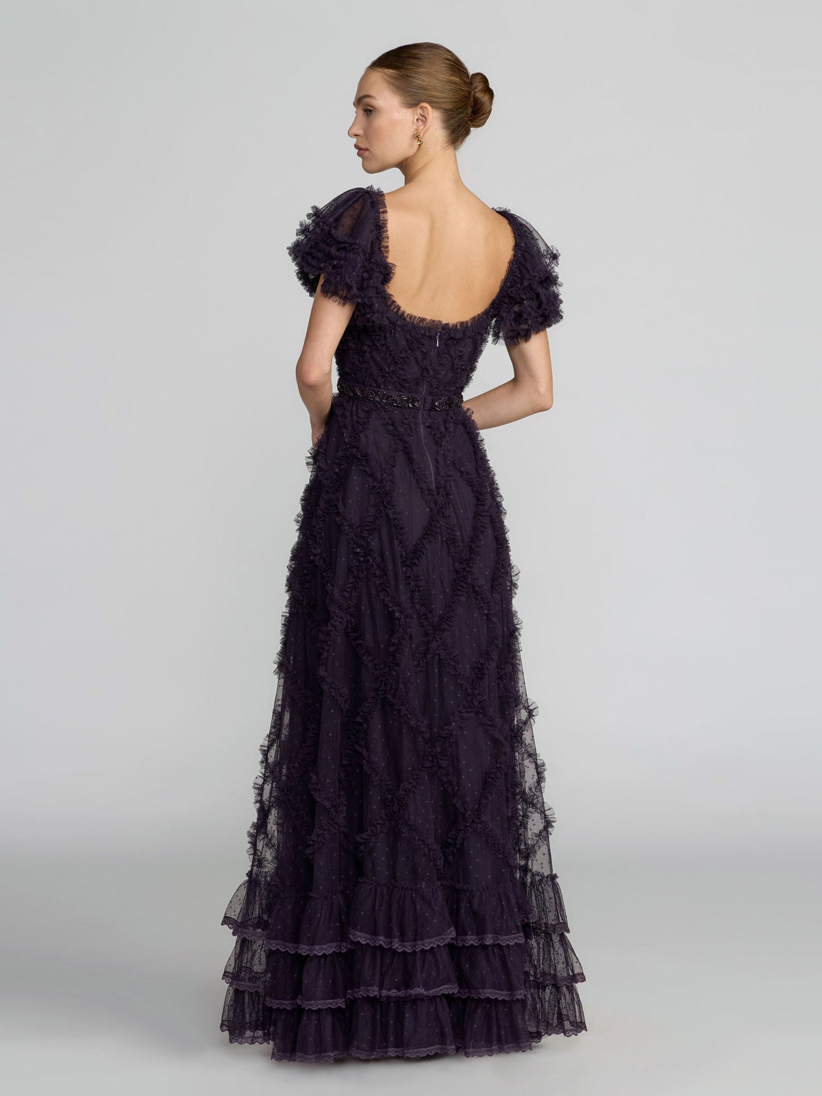 Mac Duggal Navy Tiered Ruffle Puff Sleeve Gown