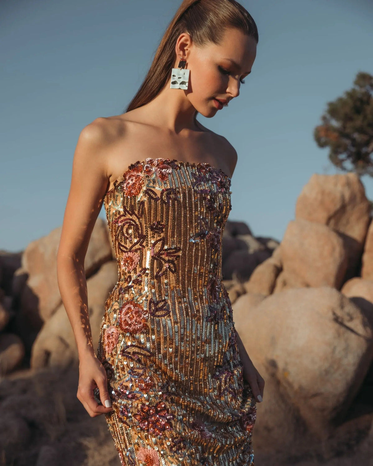 Mac Duggal Gold Floral Embellished Strapless Column Dress