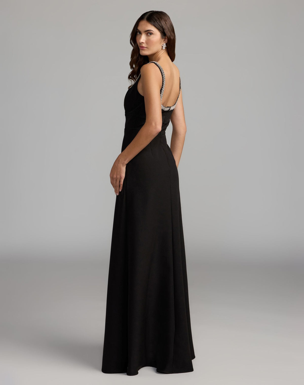 Mac Duggal Black Crepe A-Line Gown With Rhinestone Trim