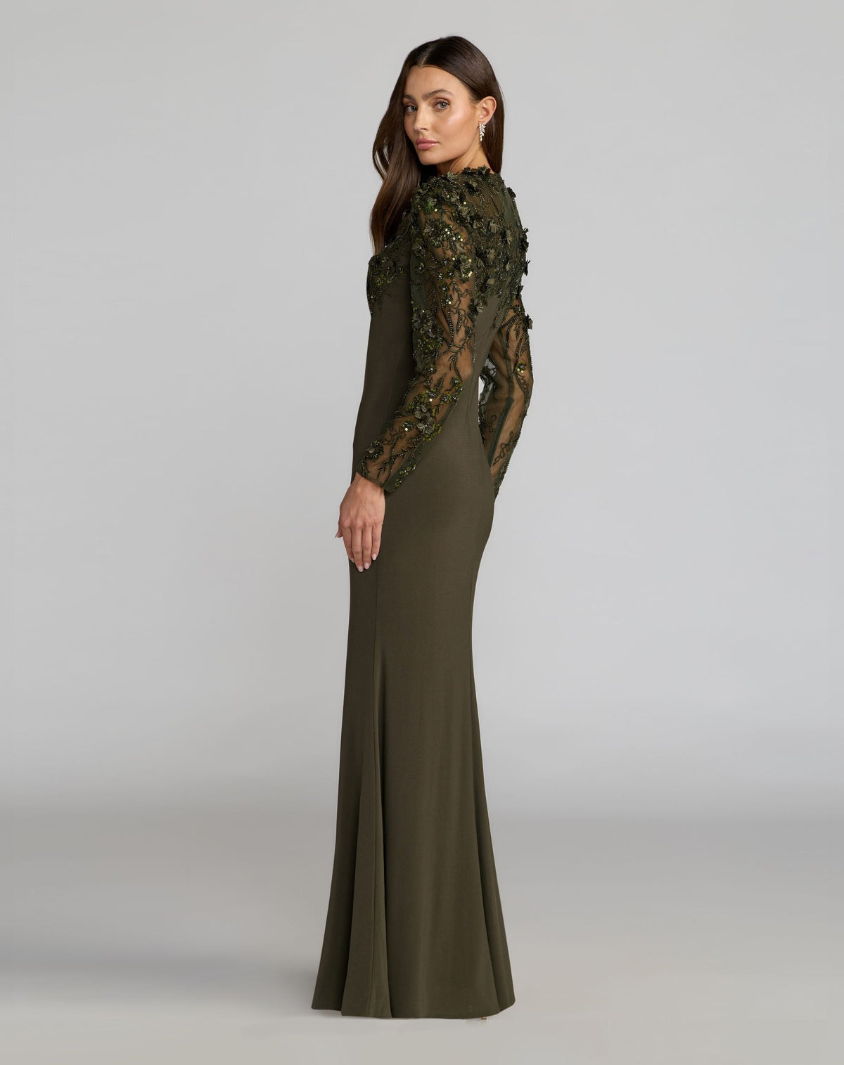 Mac Duggal Olive Green Long Sleeve Floral Embellished Column Gown