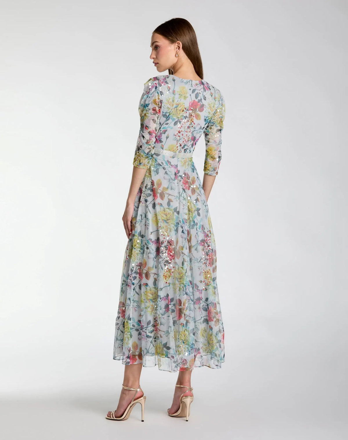 Mac Duggal Blue Multicolor Floral Midi Dress With 3/4 Sleeves